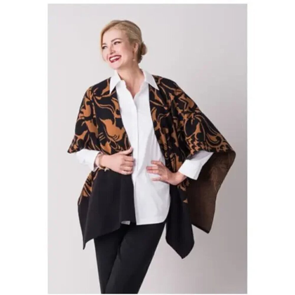 Ming Wang Hope Wrap Poncho Black Brown Floral Cape Womens One Size OS